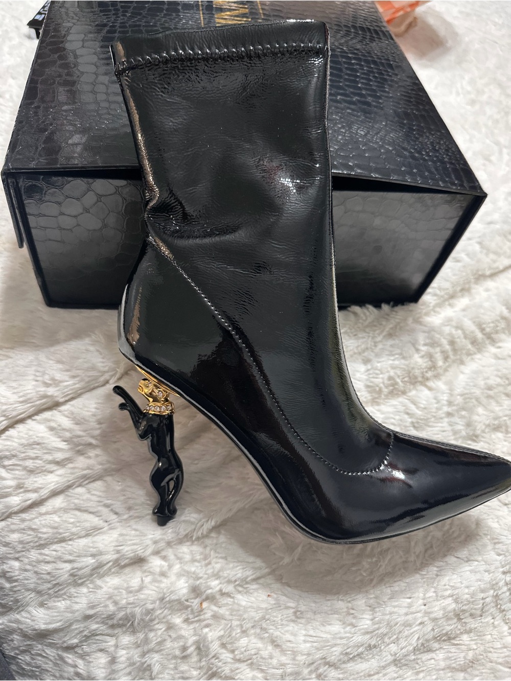 Black Patent Sculptural-Heel Ankle Boot